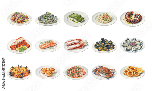 Watercolor seafood dishes and gourmet meals collection