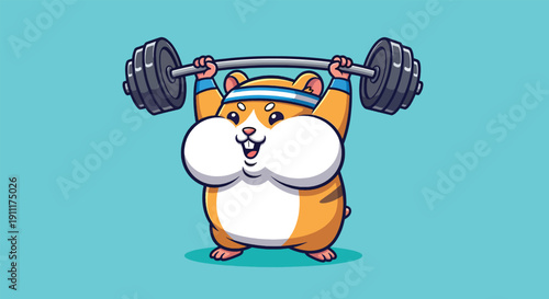 Cute Hamster Lifting Weights Cartoon Illustration.