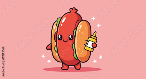 Cute Hot Dog Character Holding Mustard Bottle Illustration.