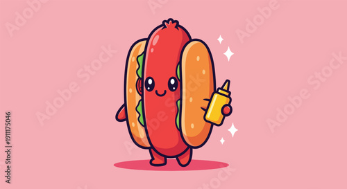 Cute Hot Dog Character Holding Mustard Bottle.
