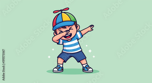 Cute Little Boy Dabbing with Propeller Hat Cartoon Vector Icon Illustration.