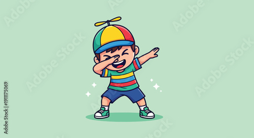 Cute Little Boy Dabbing Pose Cartoon Vector Icon Illustration.