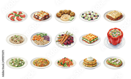 Watercolor vegetarian and vegan dishes collection