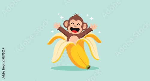 Cute Monkey Emerging from a Ripe Banana.