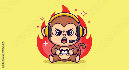 Cute Monkey Gamer Playing Game with Headset and Fire Background.