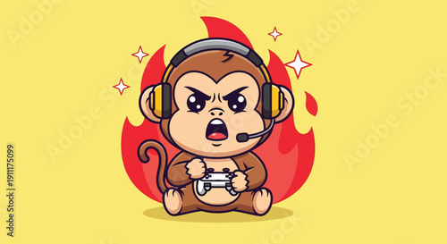 Cute Monkey Gamer Playing Video Game with Headset.