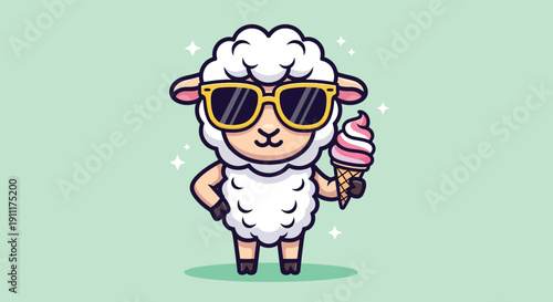 Cute Sheep Wearing Sunglasses and Holding Ice Cream.