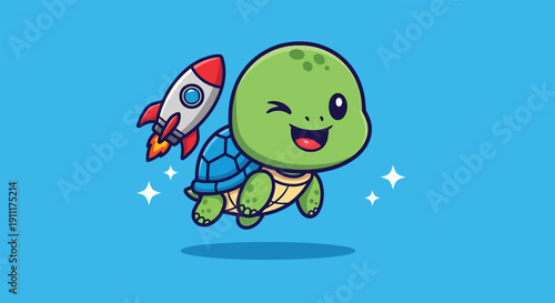 Cute Turtle Flying with Rocket Cartoon Vector.