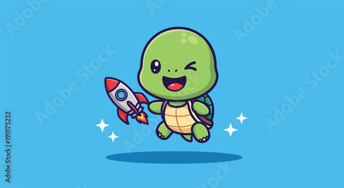 Cute Turtle Mascot Holding Rocket Cartoon Vector Icon Illustration.
