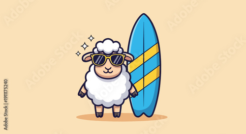 Cute Sheep Wearing Sunglasses with Surfboard Cartoon Vector Icon Illustration.