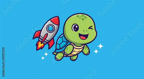 Cute Turtle Flying with Rocket in Space.