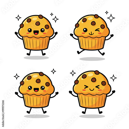 Four adorable chocolate chip muffin characters with happy expressions and sparkling eyes set against a clean white background.
