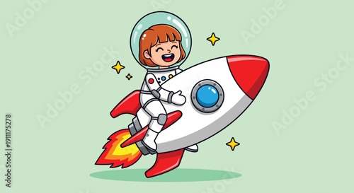 Happy Astronaut Girl Riding Rocket in Space Vector Illustration.