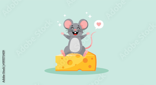 Happy Mouse on Cheese Illustration.
