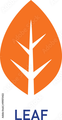 Vibrant orange leaf icon with white veins and blue text on white background symbolizing nature and growth
