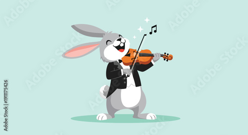 Happy Rabbit Playing Violin with Musical Notes.