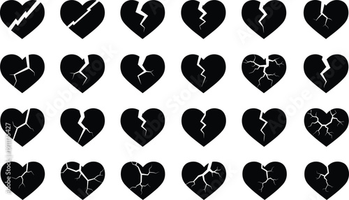 Broken heart silhouette collection with crack variations, love breakup concept, black vector icon set isolated on white background