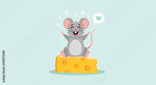 Happy Mouse Sitting on a Block of Cheese.