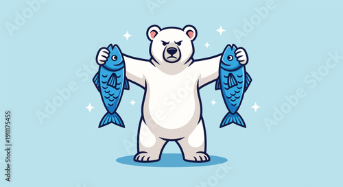 Strong Polar Bear Holding Two Fish.