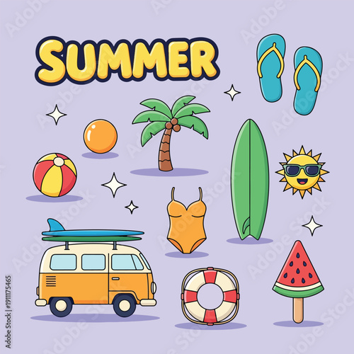 Summer Vacation Elements Collection with Beach and Travel Items.