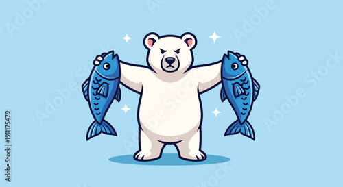 Strong Polar Bear Holding Two Freshly Caught Fish.