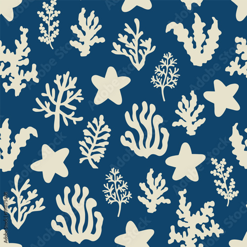 Seamless marine pattern with hand-drawn seaweed, corals and starfish on deep blue background. Organic shapes, coastal illustration in cream and blue tones. Perfect for summer, ocean, nautical design.