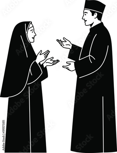 Catholic priest and nun silhouette talking, religious conversation concept, black and white vector illustration isolated on background