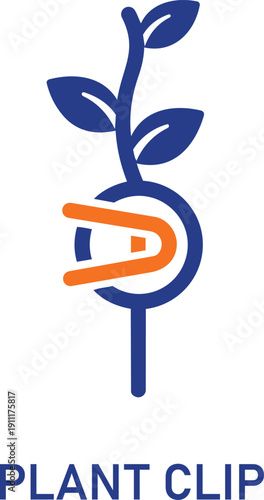 Stylized blue and orange plant clip graphic with leaves and symbol on white background