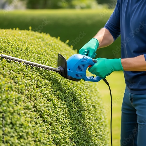 Man trimming a hedge with an electric hedge trimmer in a garden
