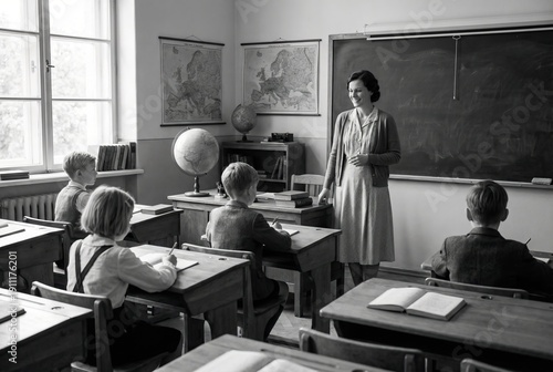 A black and white photograph of a vintage classroom from the mid-20th century, with a teacher and young students.