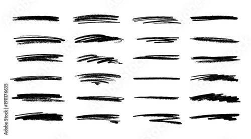 Scribble black strokes vector set. Charcoal texture lines for pencil dividers and borders. Grunge smears, chalk strokes isolated on white background for sketch design, posters and illustrations.