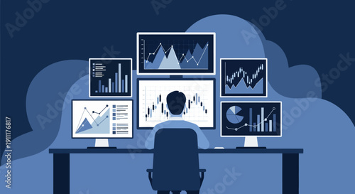 Analyst examining multiple data visualizations on computer screens in a darkened office environment from behind