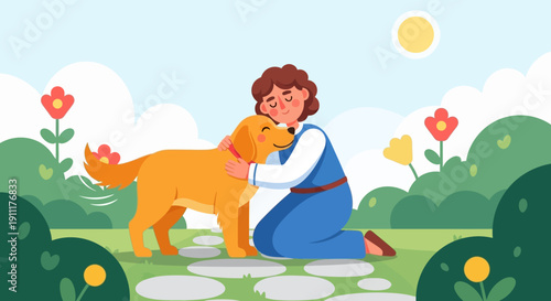 Woman kneeling on pathway hugging dog in serene garden landscape on sunny day
