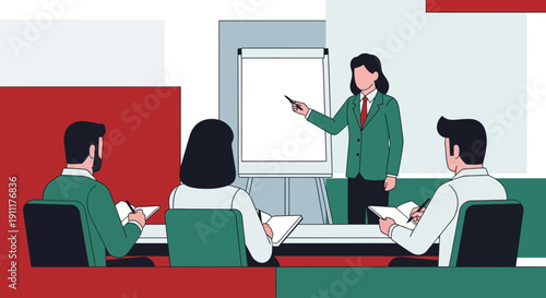 Business meeting with colleagues discussing strategy around a table in a modern office setting from a slightly elevated viewpoint