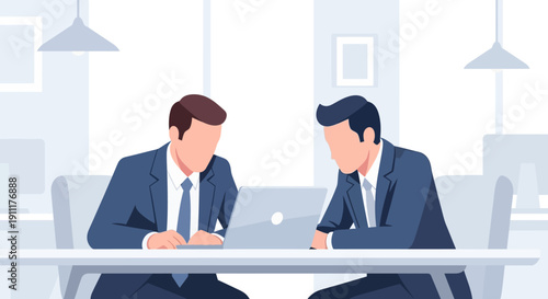 Two businessmen collaborating on a project in a modern office setting with a laptop