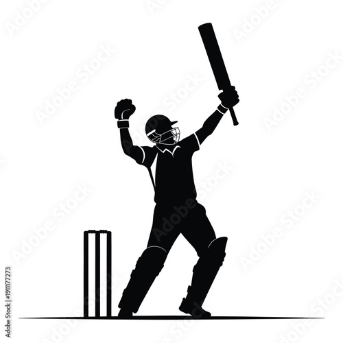 Silhouette of a cricket batsman celebrating a successful shot