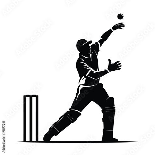 Silhouette of a cricket player preparing to catch the ball