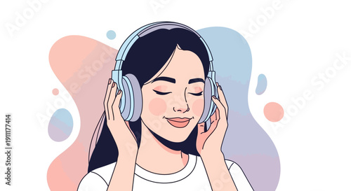Woman wearing headphones, listening to music with eyes closed in a relaxed environment