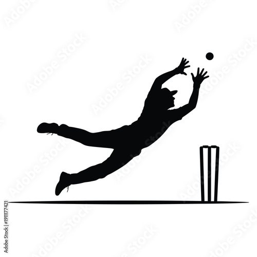 A silhouetted cricketer dives to catch a ball during a match