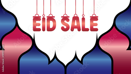 Vibrant eid sale banner featuring decorative mosque elements and hanging text, perfect for holiday promotions isolated on transparent background, vector design