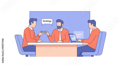 Three professionals collaborating around a table discussing strategy in a modern meeting room setting from a straightforward viewpoint