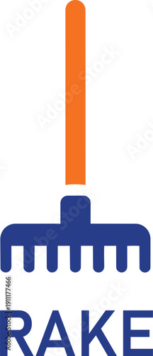 A blue and orange garden rake tool icon with handle on white background for gardening and landscaping