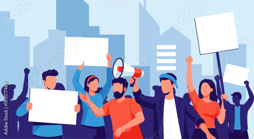 Crowd of people protesting in the city with banners and megaphone in hand in a vibrant urban scene