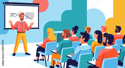 Man presenting to a group of people seated in chairs facing a projector screen