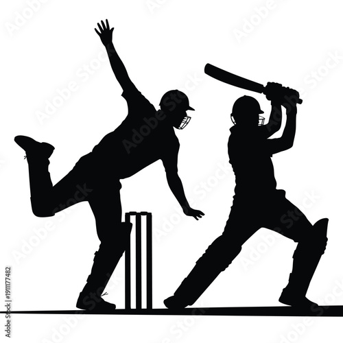 Silhouette of a cricket batsman hitting a ball and wicketkeeper