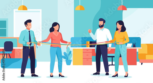 Four people in a modern office setting engaging in a collaborative activity