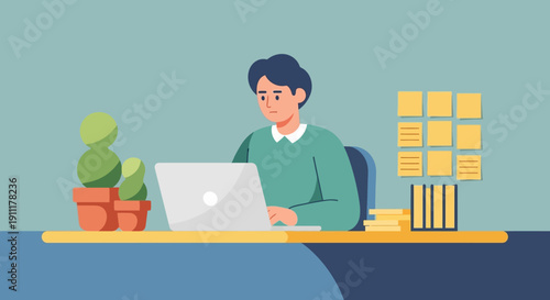 Man working on laptop at desk with plants and documents nearby in a calm environment from a straight viewpoint