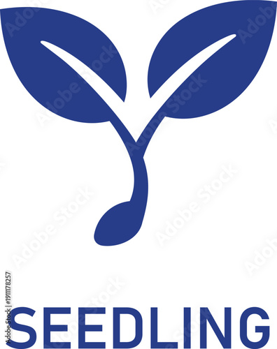 A blue vector illustration of a seedling with two leaves on a white background