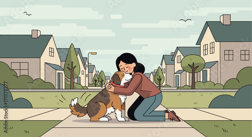 Woman kneeling on sidewalk playing with dog in suburban neighborhood illustration
