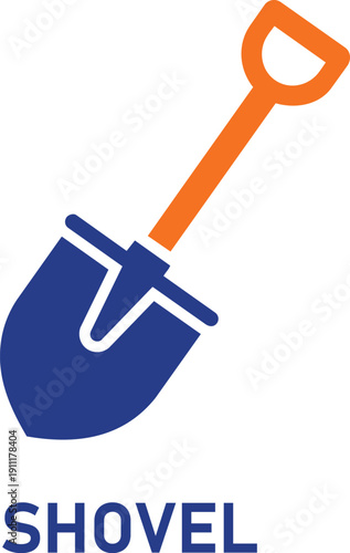 A blue and orange shovel icon on a white background for digging and gardening purposes with a handle